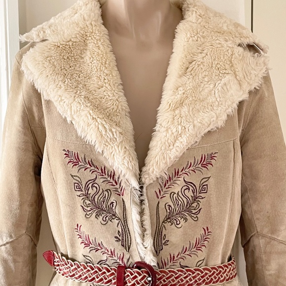 EXPRESS Embroidery & Faux Fur Lined Midi Suede Coat Penny Lane Style| Xsml & Sml - Picture 3 of 16